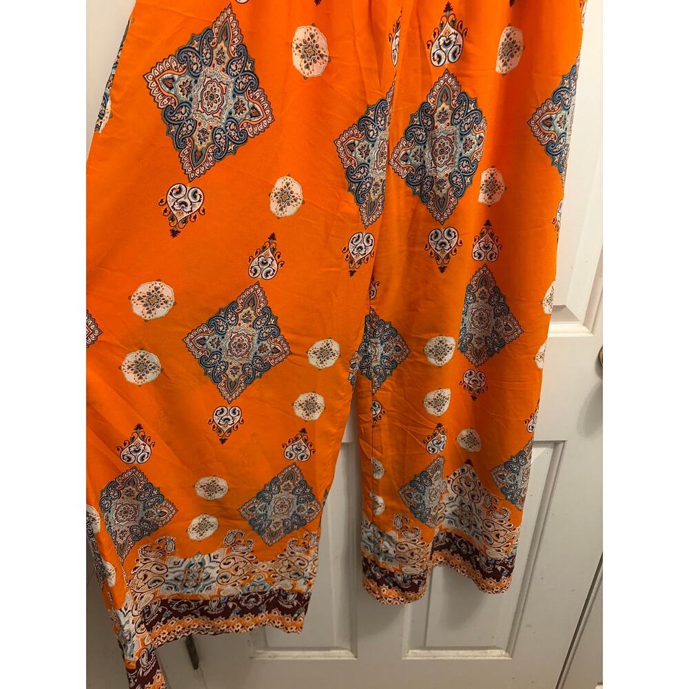 Sienna Sky NWOT Orange Boho Medallion Smocked Wide Leg Pants Jumpsuit Size L - Picture 2 of 4